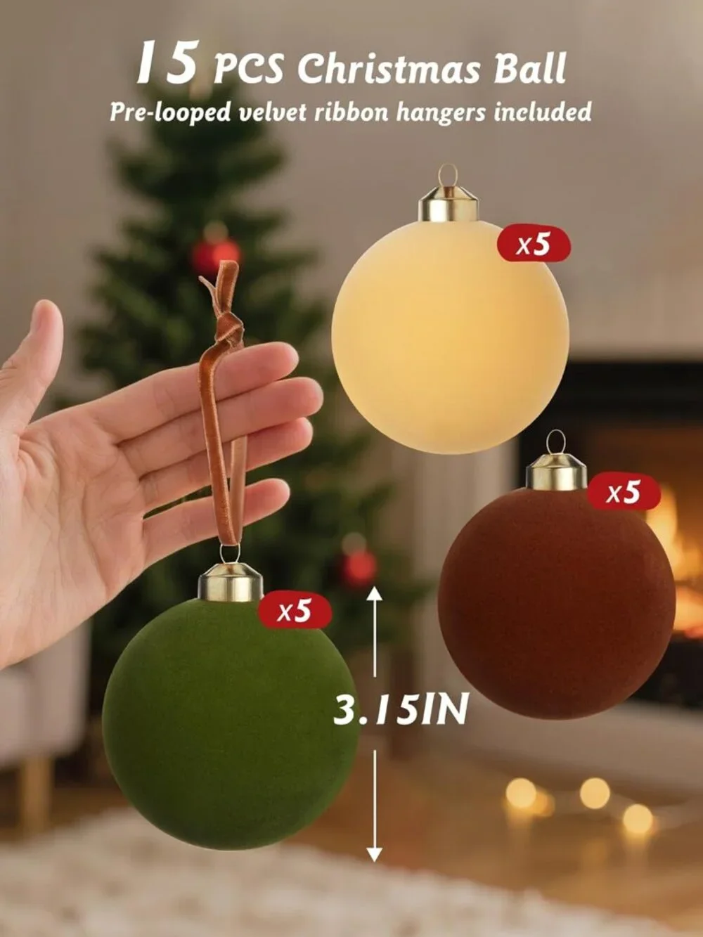 Brightown Velvet Christmas Ball Ornaments Set of 15 Green Brown Cream Holiday
